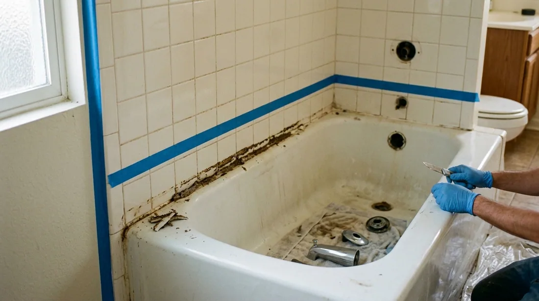 Old caulk is cut out, drain and overflow trim comes off, and the surrounding tile is masked — Wichita Falls, TX