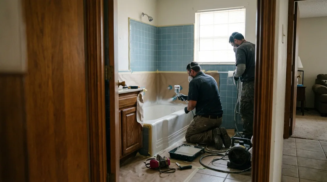 A small professional crew working on a tub refinishing job at a property, seen from behind and at a — Wichita Falls, TX